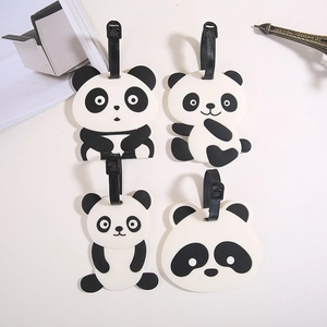 Set of four cute cartoon panda PVC luggage tags with black straps for travel bags