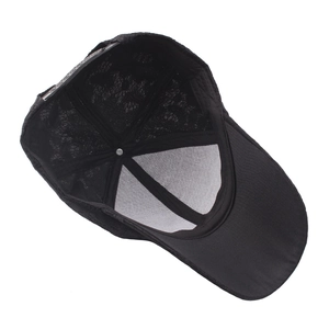 Inside view of black lace baseball cap showing reinforced straps and plastic adjuster strap