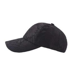 Women's black lace baseball cap with floral embroidery and outdoor sun visor detail
