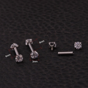 Silver 16G stainless steel labret studs with cubic zirconia in 6mm and 8mm lengths