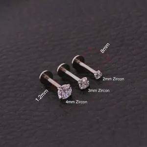 Three-piece silver 16G stainless steel labret set with 2/3/4mm clear zircon studs