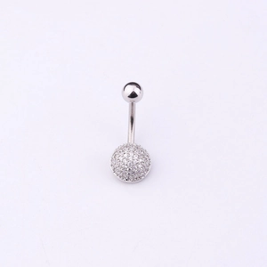 Close-up of silver 316L stainless steel belly ring with clear micro-pave zircon heart