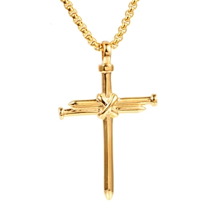 Classic gold stainless steel nail cross pendant necklace on a clean white background