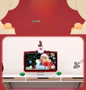 Detailed view of red 3D Santa Claus monitor cover with festive green boot corners