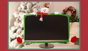Detail of Christmas computer monitor cover featuring a 3D plush snowman and green trim