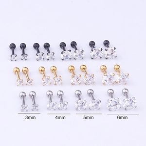 Detailed chart of cubic zirconia stud earrings in black gold silver from 3mm to 6mm sizes