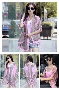 Pink paisley chiffon sun protection shawl with bohemian print and open front design