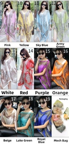 Detailed view of paisley chiffon beach shawls in 11 colors with mesh storage bag