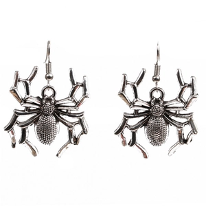 Gothic vintage spider drop earrings in antique silver finish for Halloween jewelry