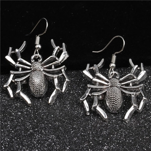 Detailed view of gothic spider hook earrings in vintage silver finish for Halloween