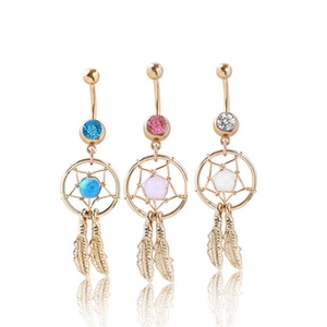 Detailed view of dreamcatcher belly rings with turquoise and colorful crystals