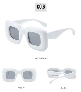 Three views of white Y2K square sunglasses showing front, back and 45-degree angle
