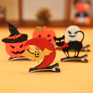 Halloween hair clips set with glitter bat, pumpkin, black cat and ghost shapes