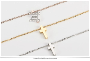 Three-tone minimalist cross necklaces in rose gold, gold, and silver finishes