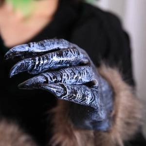 Halloween werewolf gloves with blue scales and long brown faux fur for cosplay costumes