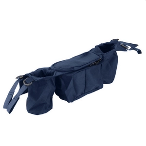 Navy blue stroller organizer bag with dual cup holders and center zipper pouch
