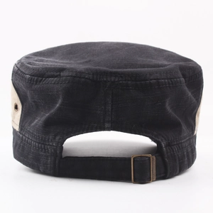 Black washed cotton flat top military cap with beige patchwork and adjustable metal buckle