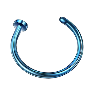 Polished blue C-shaped stainless steel nose ring with flat disc and round end detail