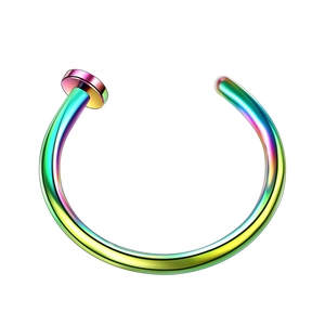 Close-up of rainbow plated stainless steel C-shaped nose ring on a white background