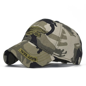 Detailed close-up of Navy Seal embroidery on camouflage hunting baseball cap