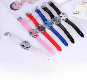 Detail shot of hollow Mickey silhouette dial and colorful leather straps for women