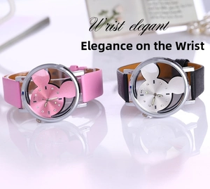 Detail view of stylish watches with Mickey Mouse silhouette and rhinestone markers