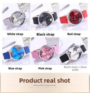 Detail view of colorful fashion watches featuring Mickey-shaped cutout dials and crystal markers