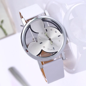 Women's quartz watch with Mickey Mouse cutout dial and silver case on white leather strap