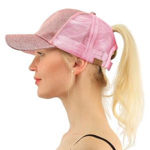 Berretto da baseball con paillettes rosa e apertura per coda di cavallo in rete