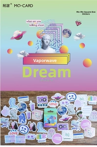 Vaporwave art stickers set with retro sculptures and celestial motifs in a gift box