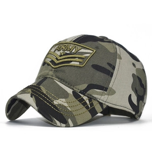 Detail of army embroidery and woodland camouflage pattern on a cotton flat top military cap