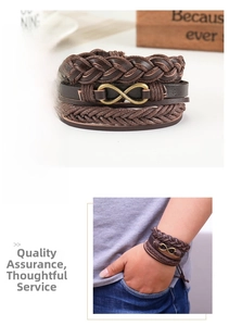 Macro detail and model view of multilayer leather infinity charm bracelet in vintage brown