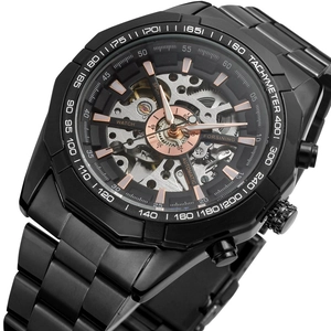 Macro detail of automatic mechanical watch with skeleton dial and tachymeter bezel