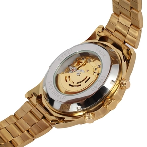 Macro view of transparent stainless steel case back revealing automatic movement