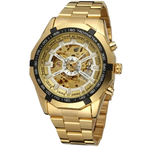 Detailed view of Forsining gold automatic skeleton watch showing internal gear mechanism