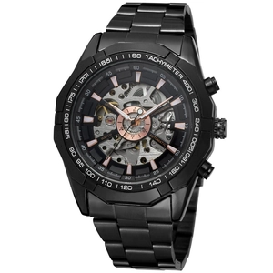 Macro detail of Forsining black skeleton automatic watch with rose gold mechanical gears