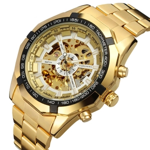 Detail of Forsining golden automatic watch featuring skeleton dial and tachymeter bezel