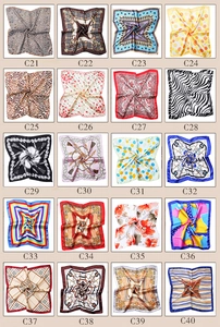 Grid display of 50cm printed satin square scarves in twenty various artistic patterns