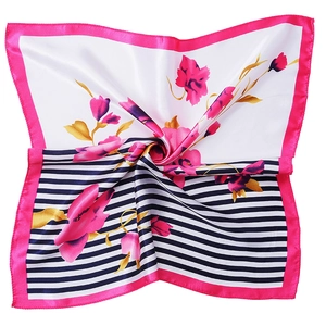 Pink floral and black white striped silk-like square scarf for professional wear