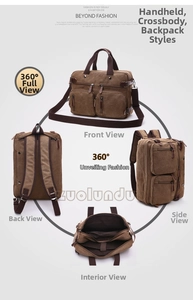 Detailed views of brown canvas 3-way briefcase showing front, back and side angles