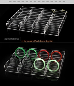 Clear acrylic jewelry organizer box with 44 compartments and precise dimensions