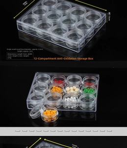 Clear acrylic storage box with 12 jars for nail art beads, size 16x12x2.5cm