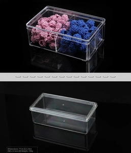 Detailed view of clear acrylic storage box with dimensions 17x8x5.5cm and 100g weight