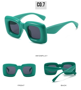 Three perspectives of glossy green Y2K square sunglasses showing front and side views
