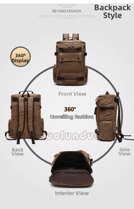 Detailed views of a large canvas travel backpack showing front, back, and inner storage