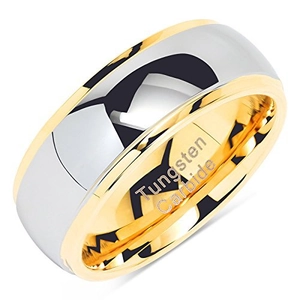 Macro detail of two-tone tungsten carbide ring with silver exterior and gold-plated interior