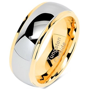 Detailed shot of two-tone tungsten carbide ring with silver and gold finish band