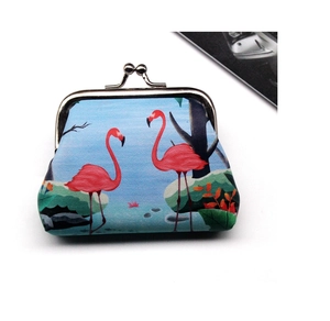 Detailed view of flamingo print coin purse with vintage silver metal kiss-lock closure
