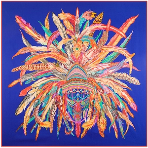Carré de soie 130cm avec imprimé couronne de plumes indiennes en bleu roi élégant
