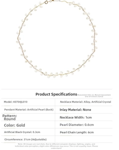 Detail of gold choker with pearls and black crystals including product dimensions